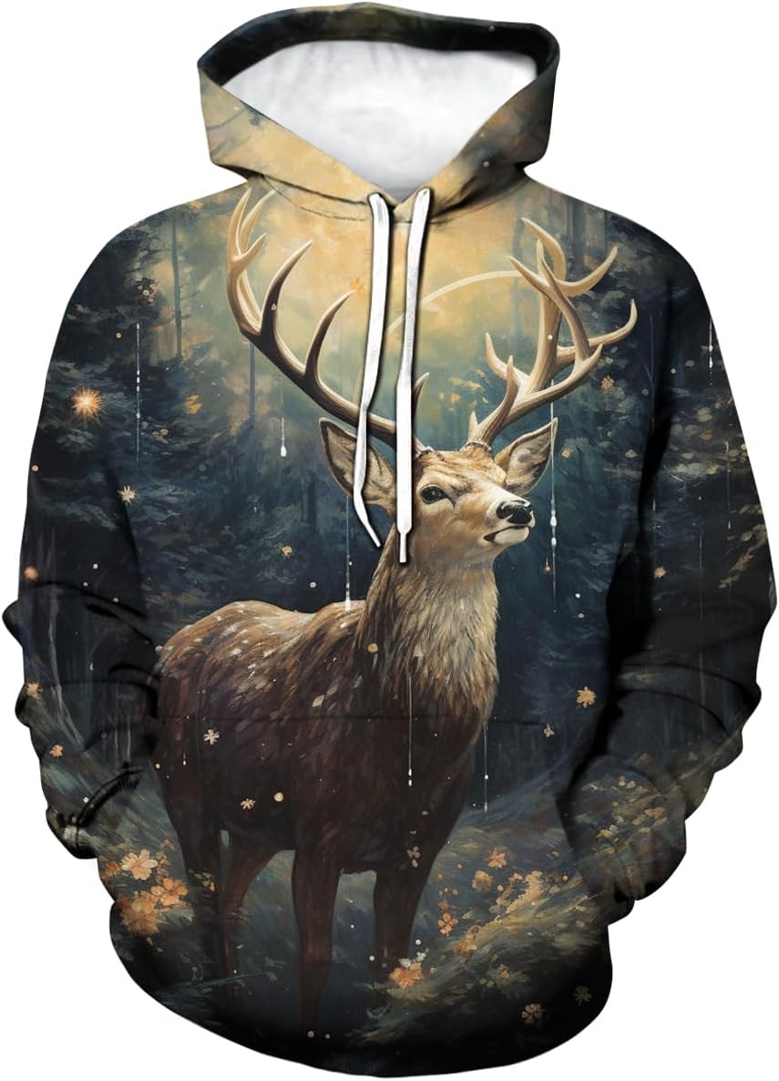 Novelty Deer Pattern Hoodie 3D Printed Sweatshirt Pullover for Men Women