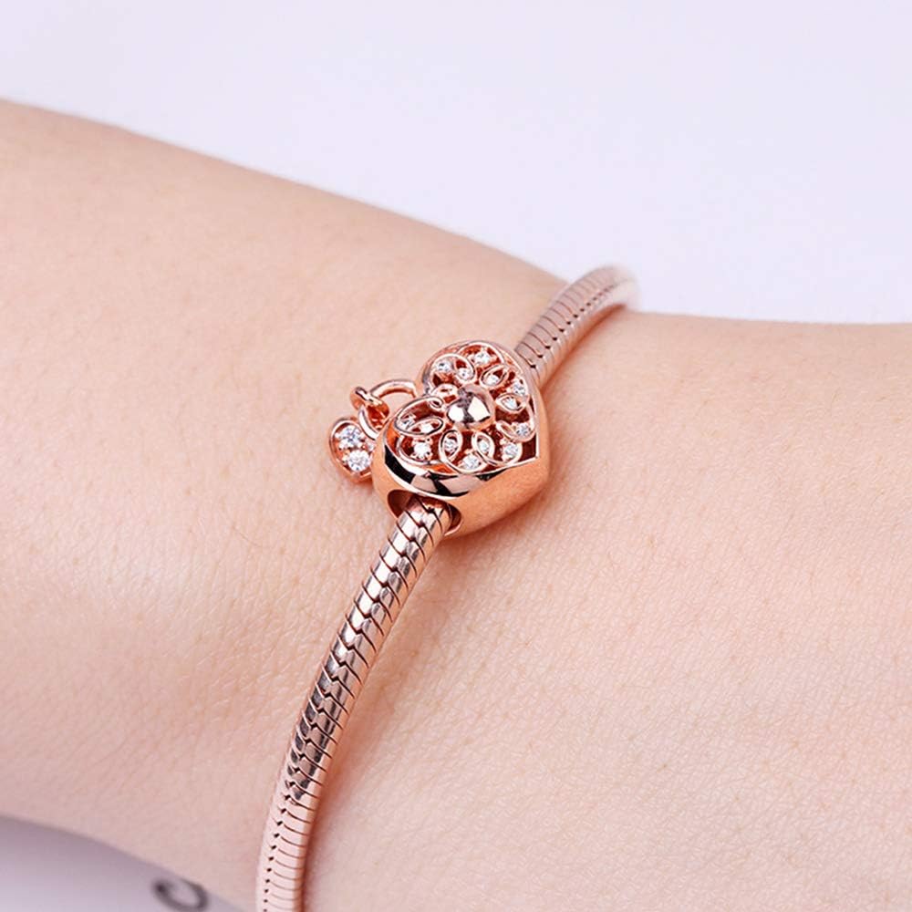 GNOCE Rose Gold Charm Bead Sterling Silver Lock My Heart Hollow Heart Shaped Lock Charm Bead Fit Bracelet/Necklace For Women