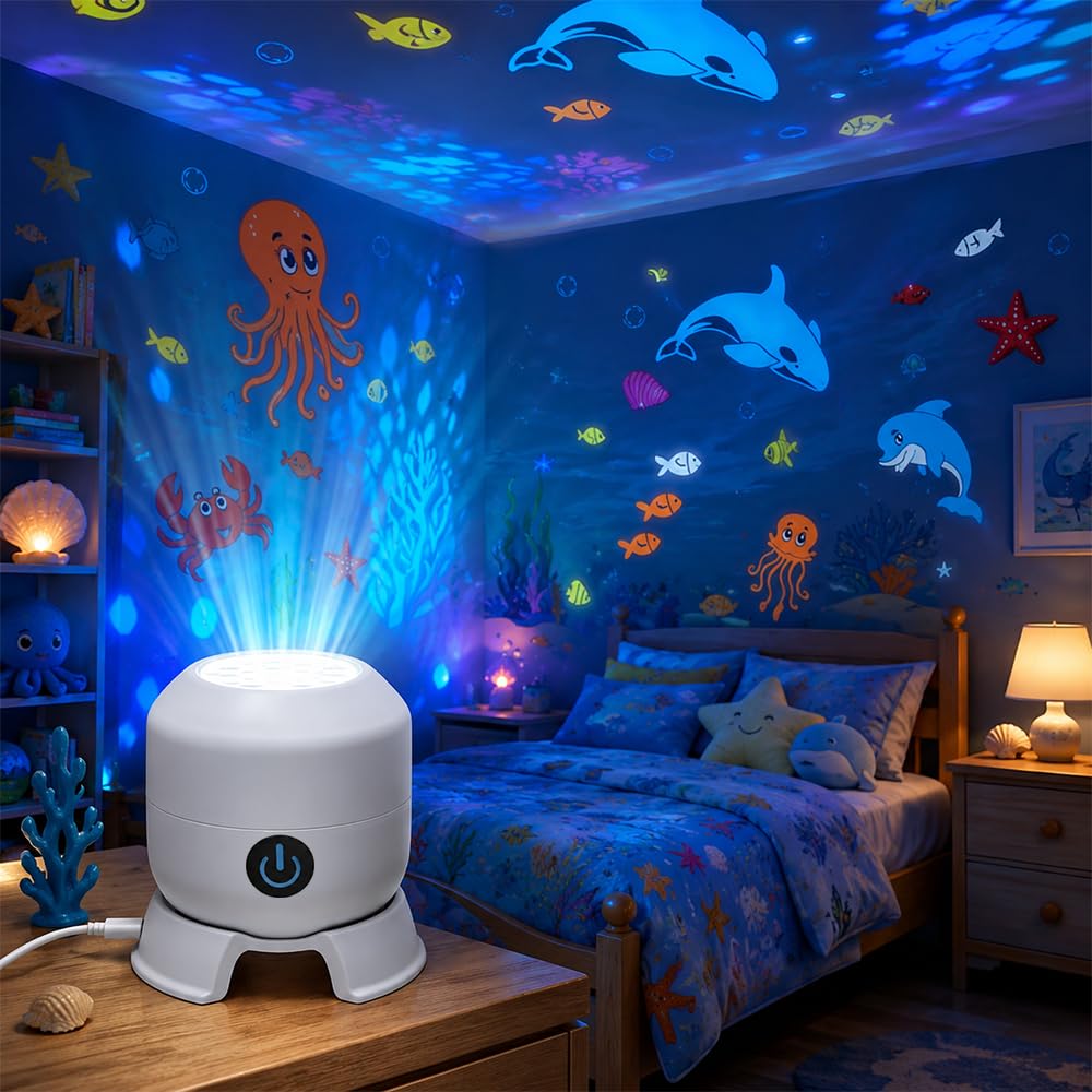 HOVCEH Kids Night Light Projector,Dynamic Rotating Led Projector Light,Rechargeable and USB-Powered,Night Lights Projectors,Ocean Lights Projectors for Bedroom,Party,Room Decor,Birthday,Christmas Gift