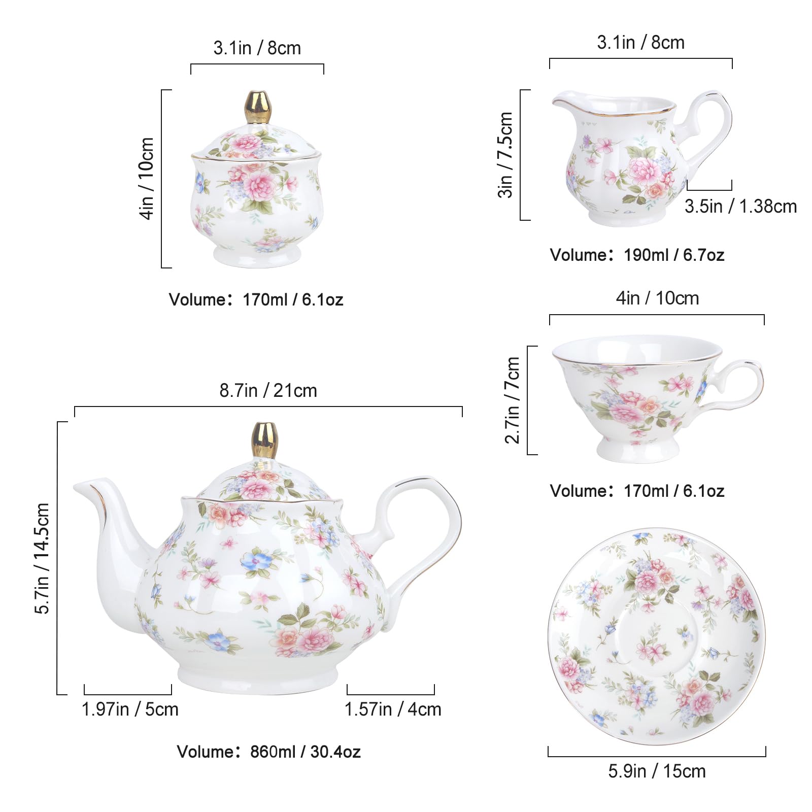 fanquare Zestaw do herbaty z porcelany kościowej z motywem różowych kwiatów i liści, 21 sztuk brytyjski zestaw do kawy z filiżanką i spodem z cukrownicą i łyżeczkami na ślub dla dorosłych