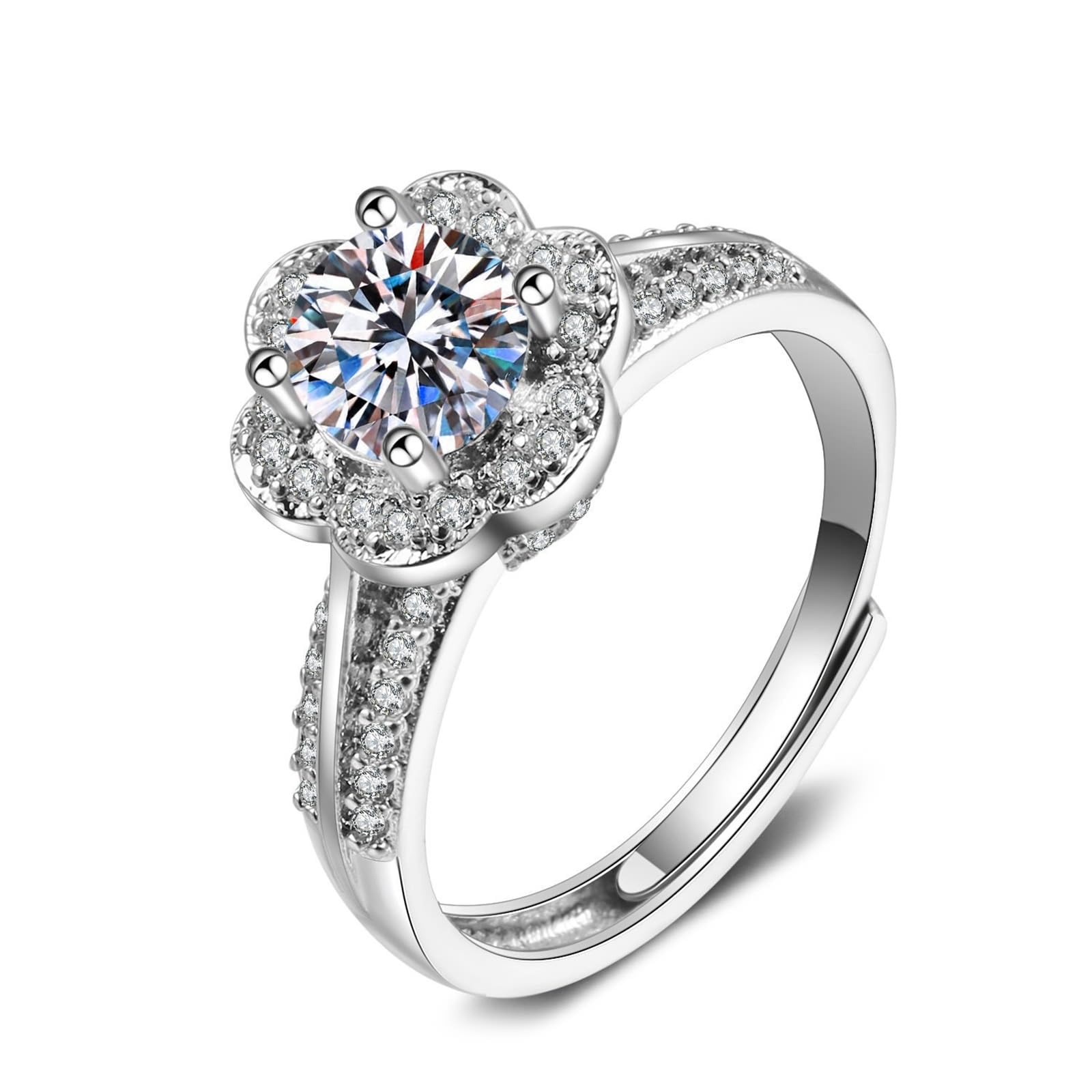 18 Karat Weißgold Ringe Frauen Labordiamant Weiß, Rings Elegante Blume, 4 Krappen, Rund, 1 Karat, Labordiamant, 6,5 mm