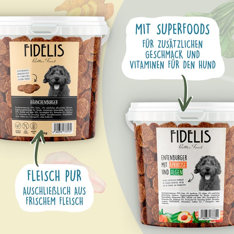 Fidelis – Putenburger für Hunde im wiederverschließbarem 1kg-Eimer - Luftgetrocknete Hunde Leckerlis aus 100% natürlichen Rohstoffen