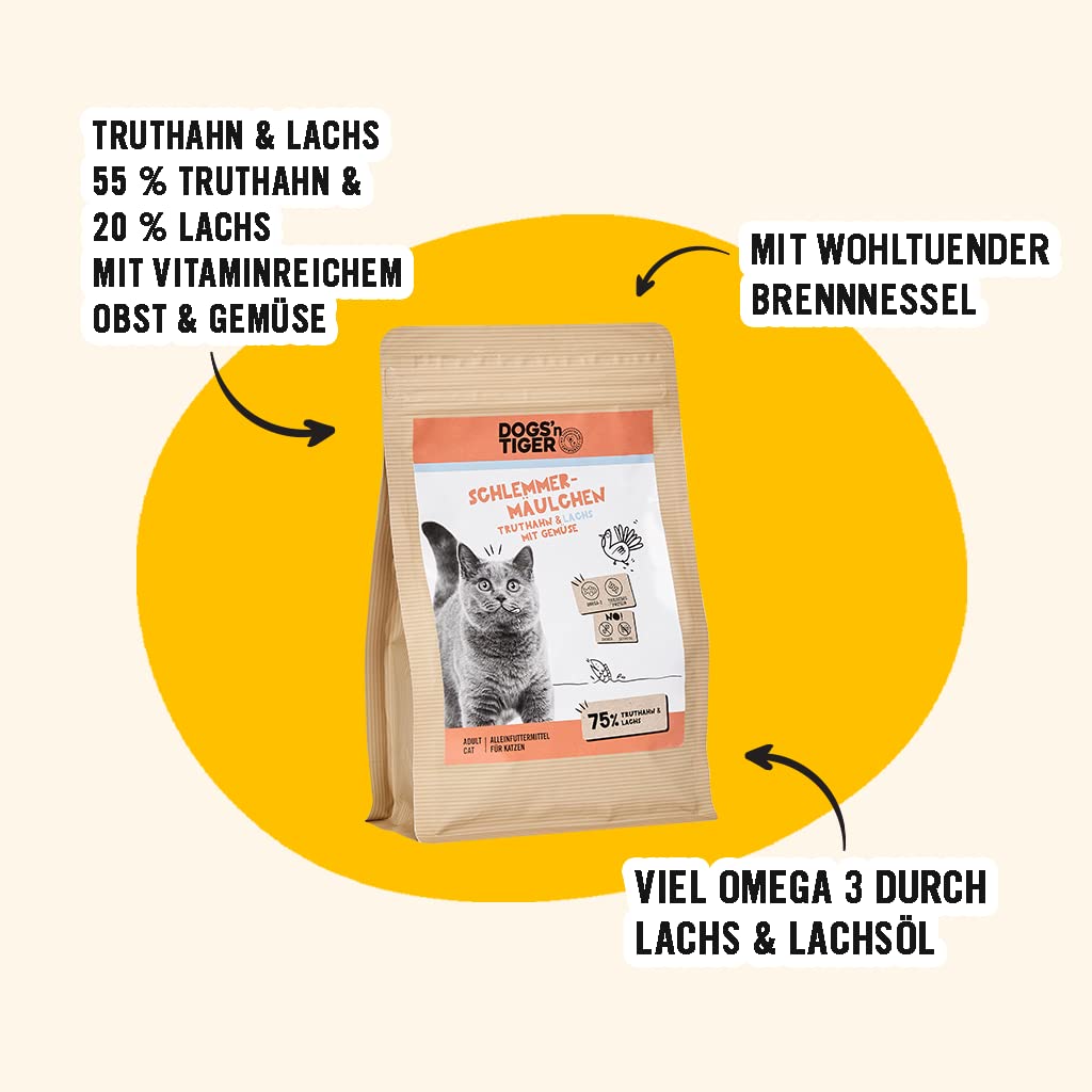 Dogs'n Tiger – Comida Seca para Gatos con 75% de Carne – sin azúcar ni Cereales (Pavo y salmón con Verduras | 1 x 10 kg)