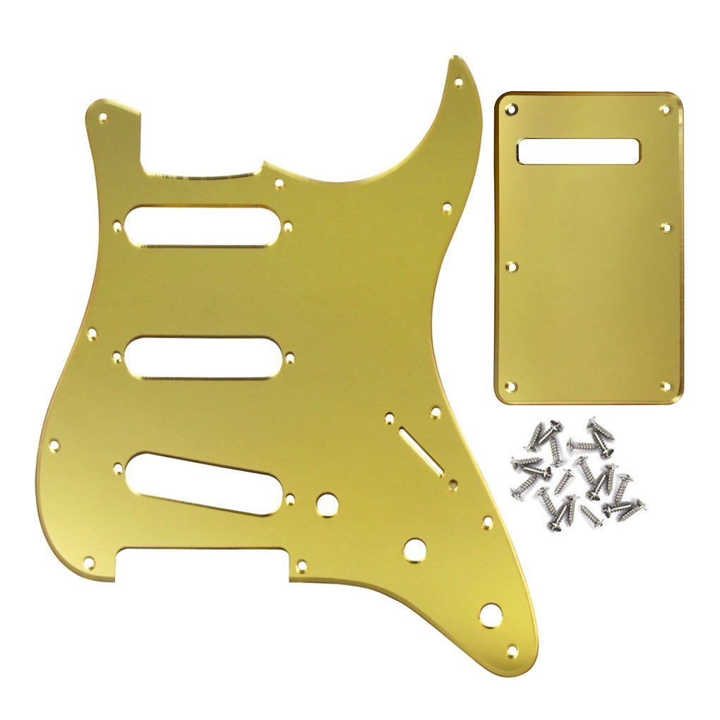 IKN 1Ply Golden Mirror Strat Pickguard Backplate Set for 3 Single Coil Pickups-11 Hole, come with Pickguard Screws