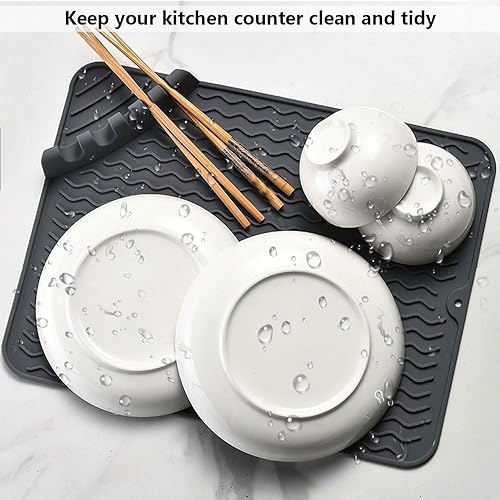 Miniatura 7 de Alfombrillas de silicona para secar platos con soporte para utensilios, tapete de secado de platos resistente al calor para encimera de cocina,