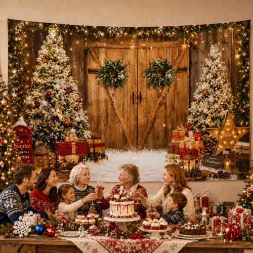Image of Christmas Decorations - Rustic Xmas Tree Snowy Barn Wood Door Backdrop