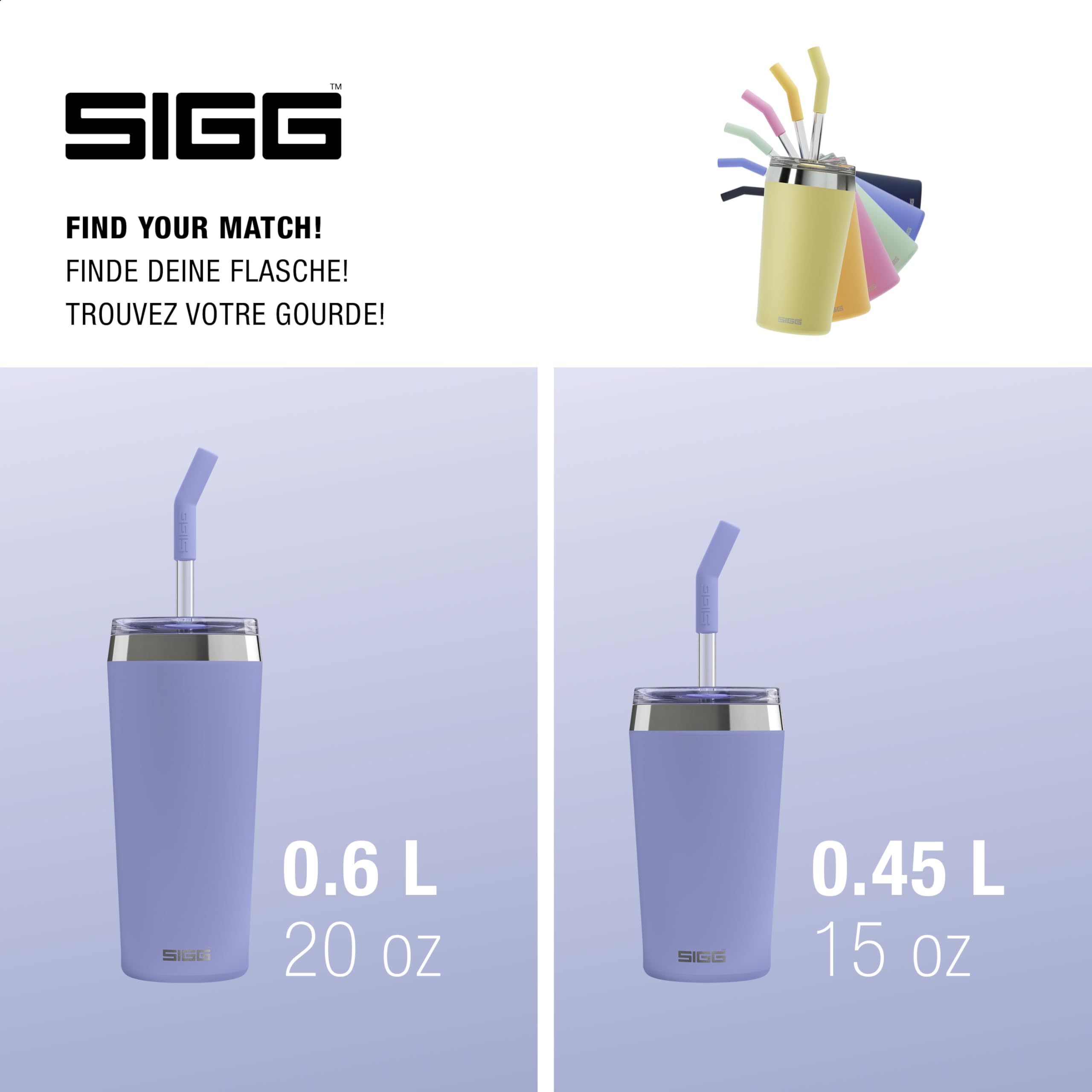 SIGG Helia Taza térmica de café para llevar (0.6 L / 0.45 L), termo de acero inoxidable con doble aislamiento, vaso con pajita de cristal antirrotura térmico