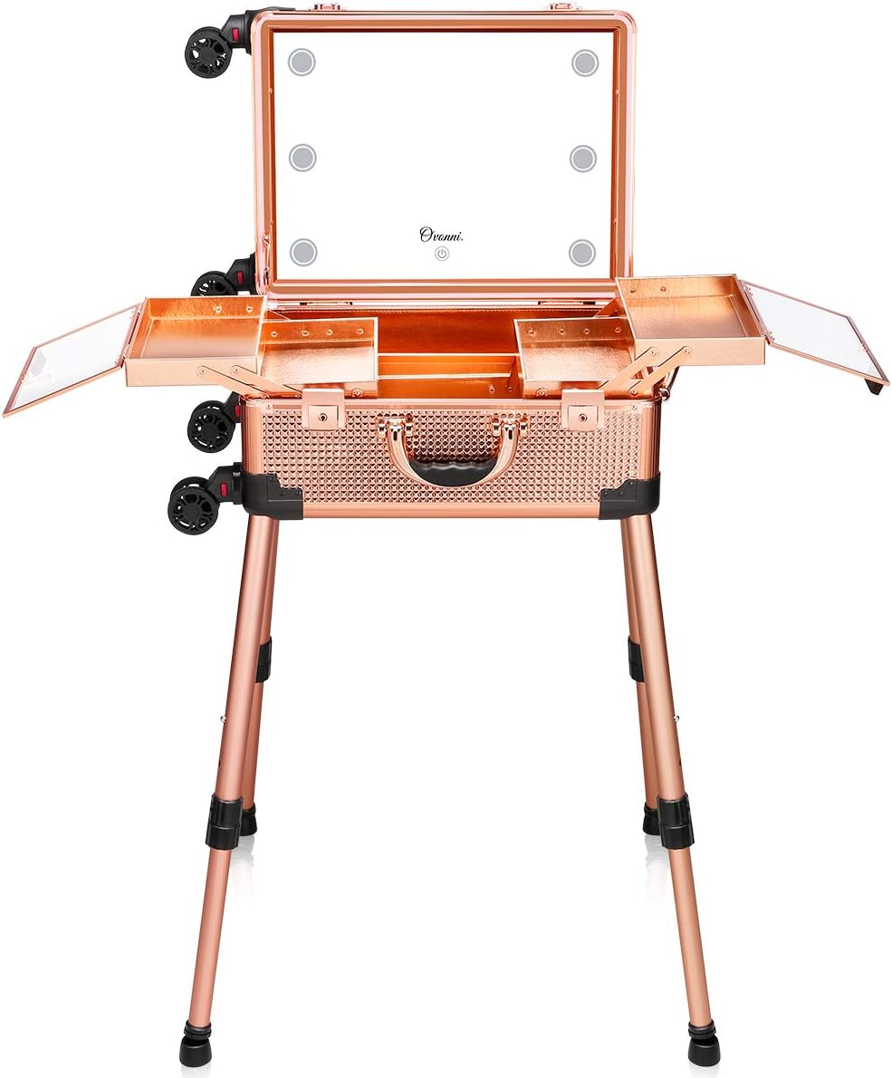 Ovonni Makeup Train Case with Bluetooth Speaker, Free Standing Portable Makeup Station with Lighted Mirror, Cosmetic Organizer Box for Makeup Storage, Rolling Artists Travel Studio for Women