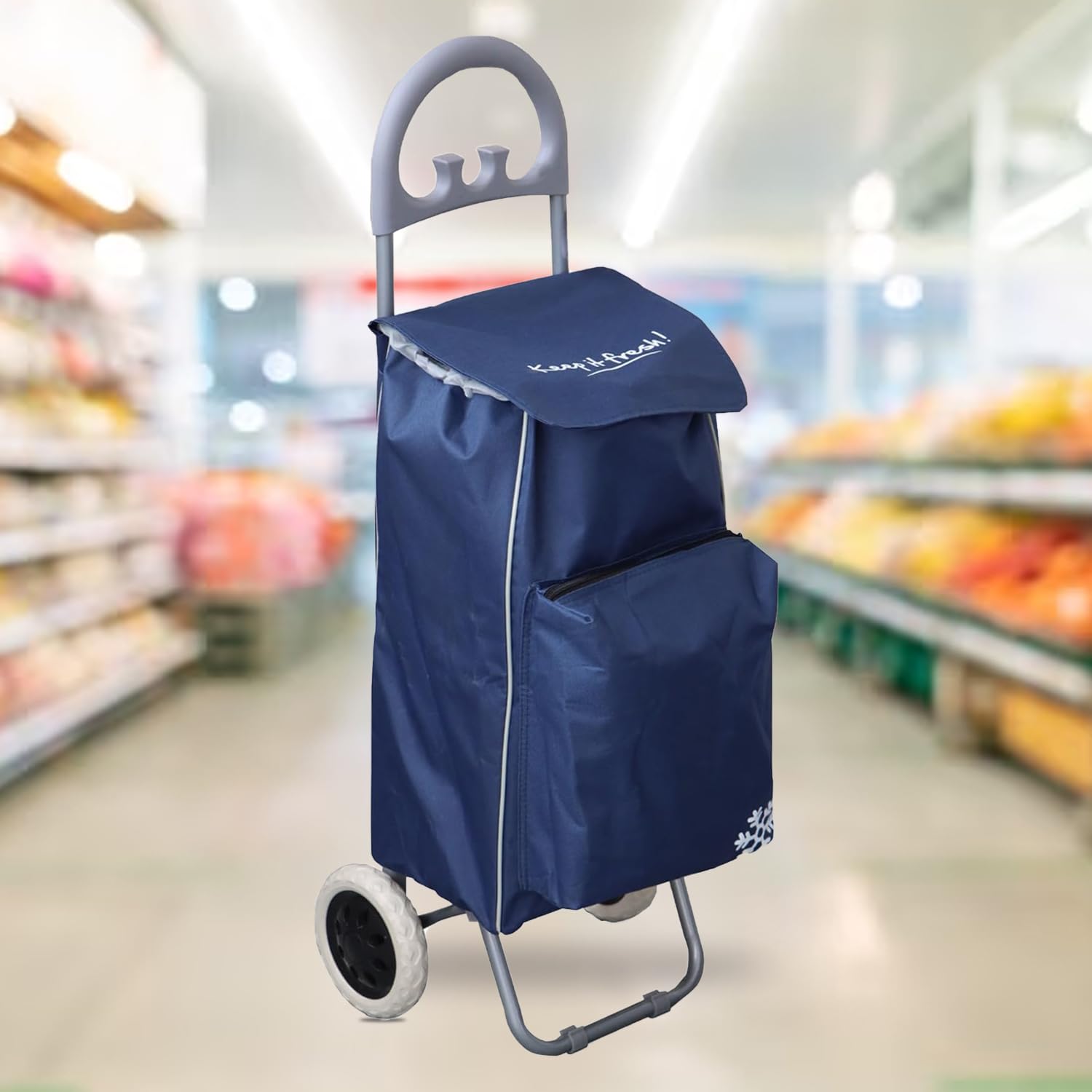 Lukzer Oxford Fabric Foldable Shopping Trolley Cart with Wheels Removable Cooler Bag for Groceries Fruits & Vegetable Storage Basket Large & Waterproof with Multiple Pockets (Blue/95x26x34cm)