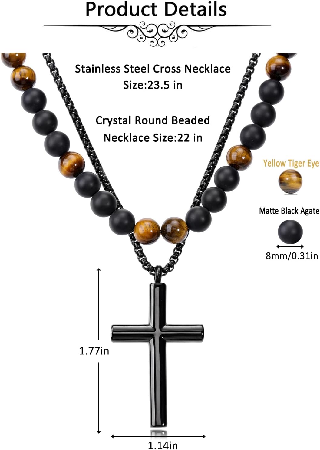 Jovivi Mens Necklace Set 2pcs Matte Black Agate Tigers Eye Gemstone Beaded Healing Crystal Necklace Stainless Steel Cross Pendant Necklace for Men Meditation Jewelry - Image 7