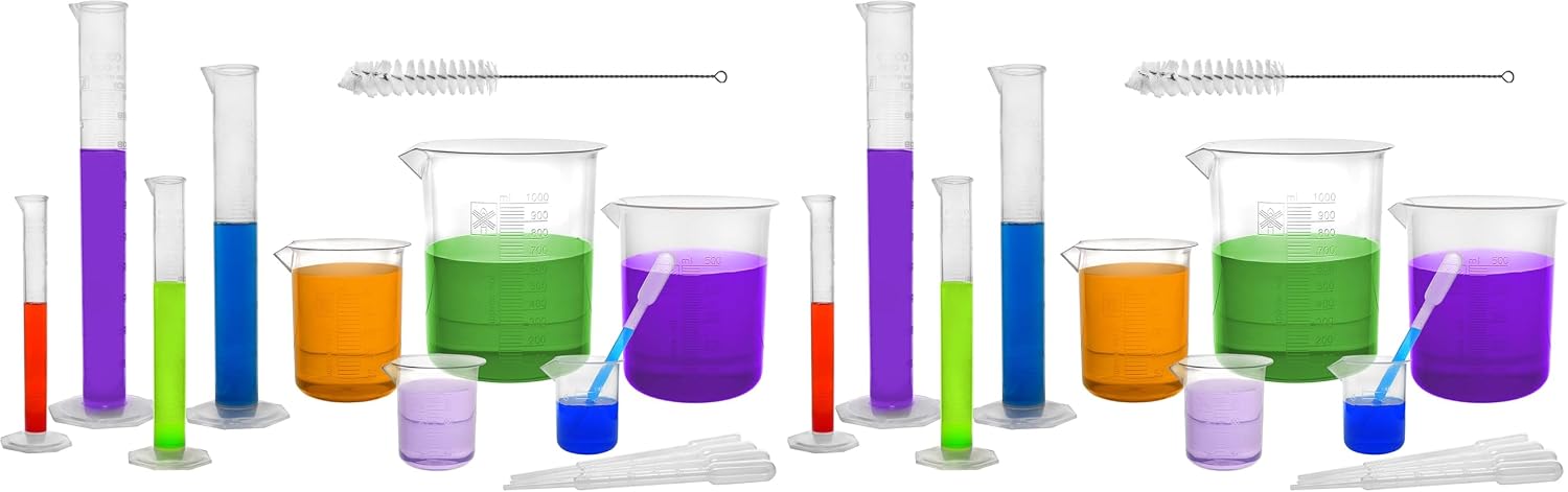 EISCO Ultimate Plastics Kit - 15 Piece Science Lab Set - Includes 5 Polypropylene Beakers, 4 Polypropylene Graduated Cylinders, 5 Disposable LDPE Pipettes & Nylon Cleaning Brush