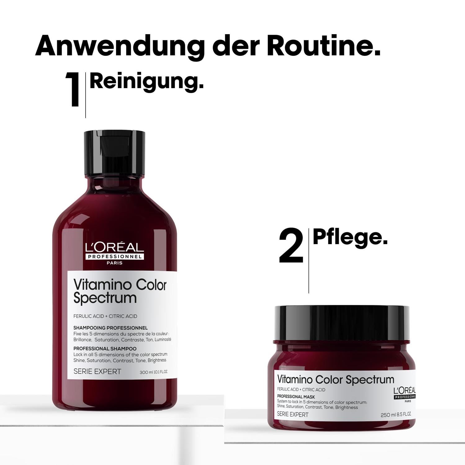 L'Oréal Professionnel Pflege-Duo für Farbbrillanz mit Glass Hair Effekt bei coloriertem Haar, Mit Ferula- & Zitronensäure, Vegan, Serie Expert, Vitamino Color Spectrum Shampoo 300ml und Maske 250ml