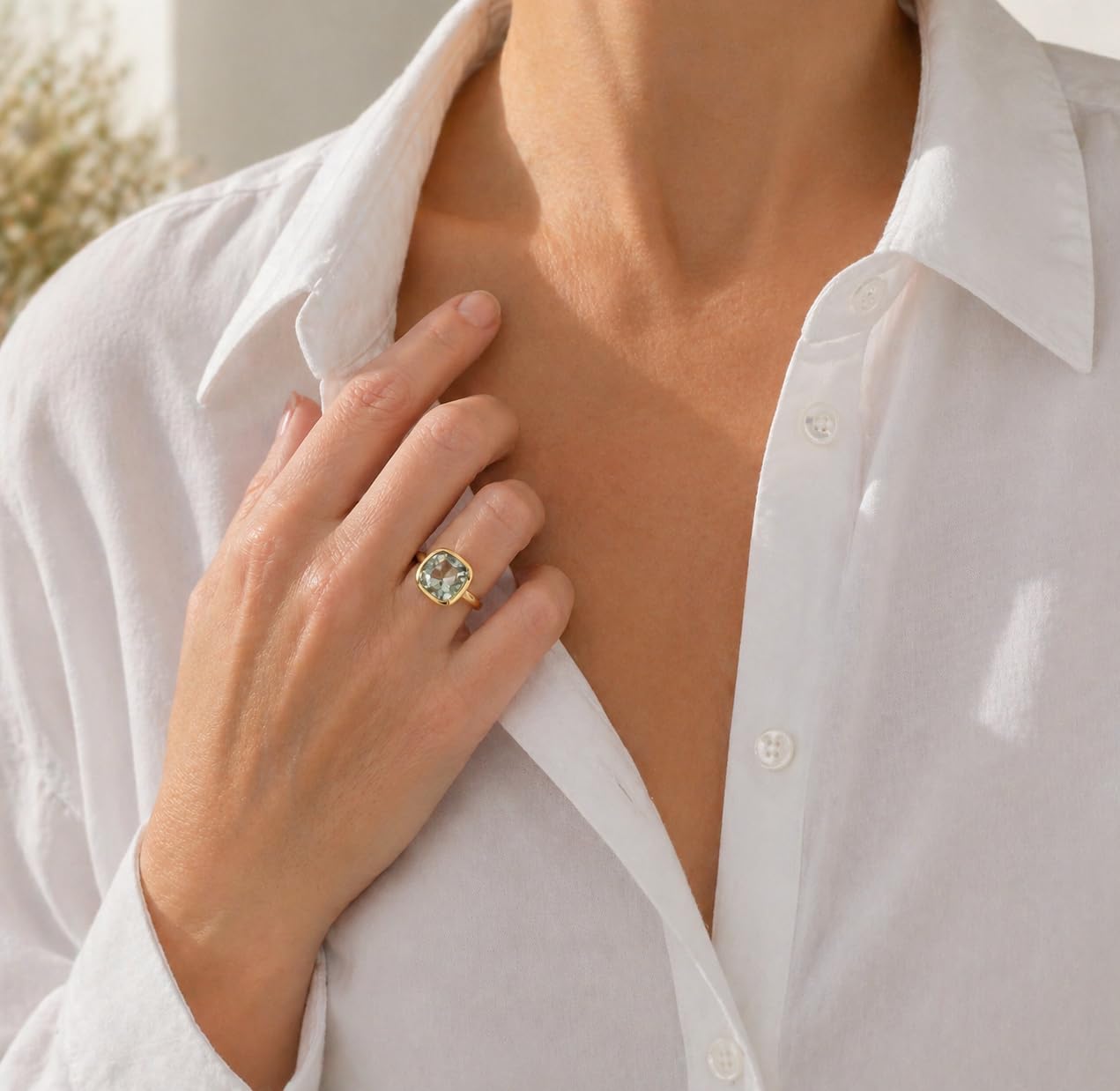 Grüner Amethyst Kissenschliff Vergoldet Sterling Silber Ring - Natürlicher Edelstein - Geburtstagsgeschenk – Handgefertigte Geschenkideen für Frauen