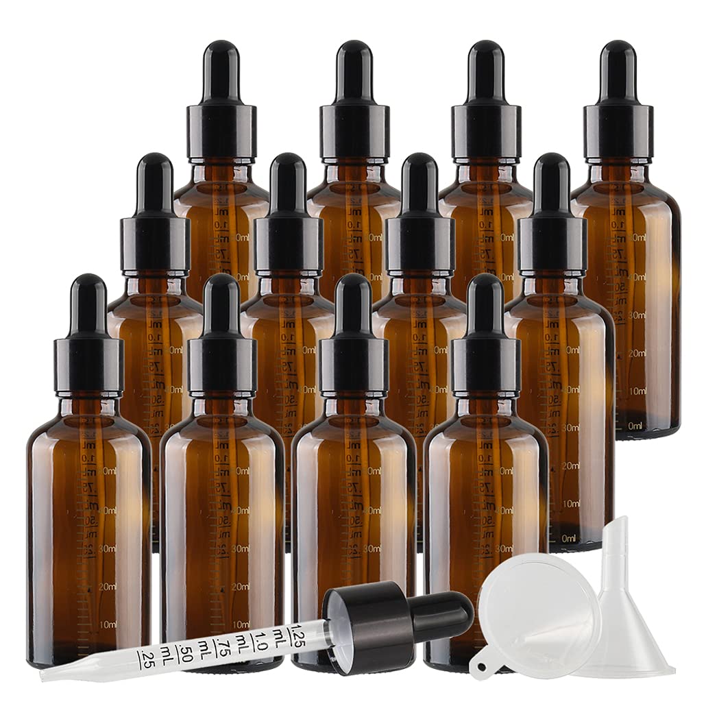 12 Pieza, Vacío 50ml Marrón Ámbar Botellas de Botellas de Cuentagotas Cristal, con Gotero Graduado y pipeta, para Aceite Esencial, Masaje,Fragancia, Aromaterapia, Laboratorio