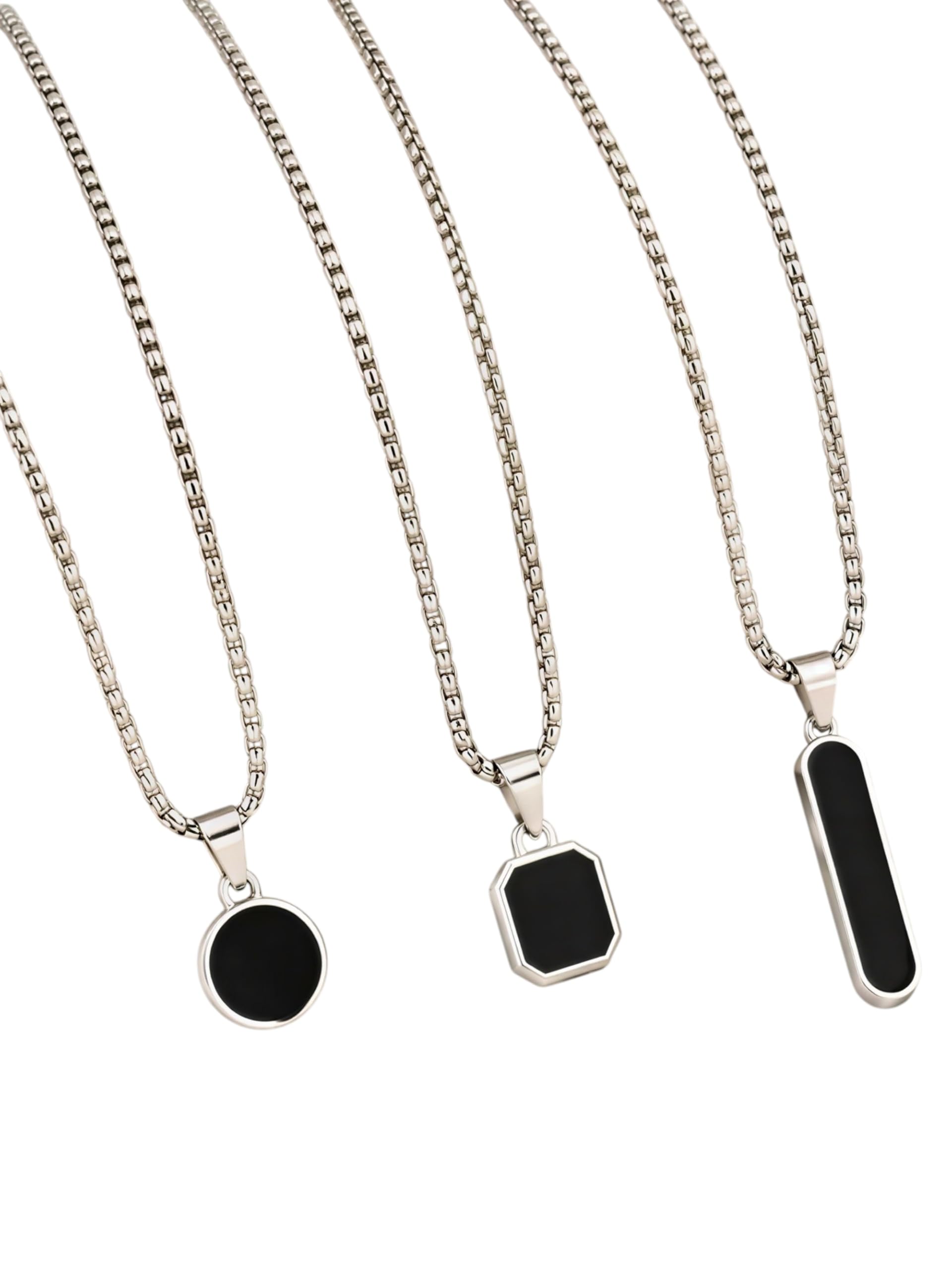 3-in-1 Men’s Stainless Steel Pendant Necklace Set | Black Round Octagon Vertical Bar Pendant Combo | Premium Silver Chain for Men | Waterproof Anti Tarnish Fashion Jewellery Gift for Boys & Men-picture-11