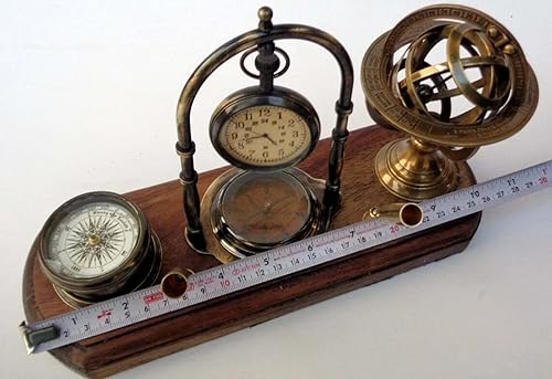 Miniatura 7 de Antique Brass Table Top Clock With Pen Holder Compass Armillary Sphere Globe Clock Desk Top Wooden Base Father’s Day Gift, Mother’s Day Gift