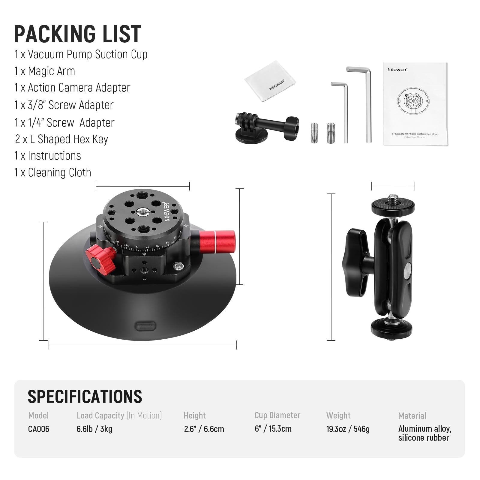 NEEWER Uchwyt na przyssawkę do aparatu 6" kompatybilny z GoPro, głowica kulowa do przedniej szyby z magicznym ramieniem i adapterem Action Cam ściereczka do czyszczenia lustrzanki, uchwyt na telefon
