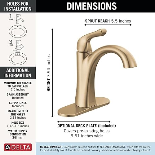 Miniatura 3 de Delta Arvo - Grifo de baño dorado cepillado de 1 agujero, grifo de lavabo de baño de un solo orificio para tocador, montaje de drenaje push-pop
