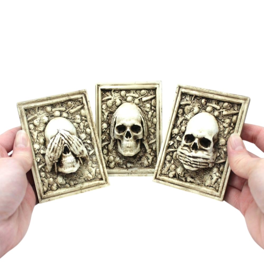 Three Wise Skulls Resin FRIDGE MAGNETS. See no Evil, Hear no Evil, Speak No Evil. Based on the Japanese Three Wise Monkeys.