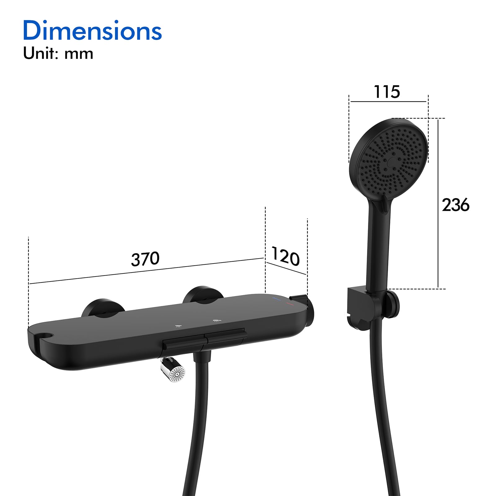 HOMELODY Badewannenarmatur schwarz mit Handbrause | 360° drehbarer Auslauf, Badewannenarmaturen mit Duschbrause, Glasablage, 1,5 m PVC Schlauch, Mischbatterie zur Wandmontage