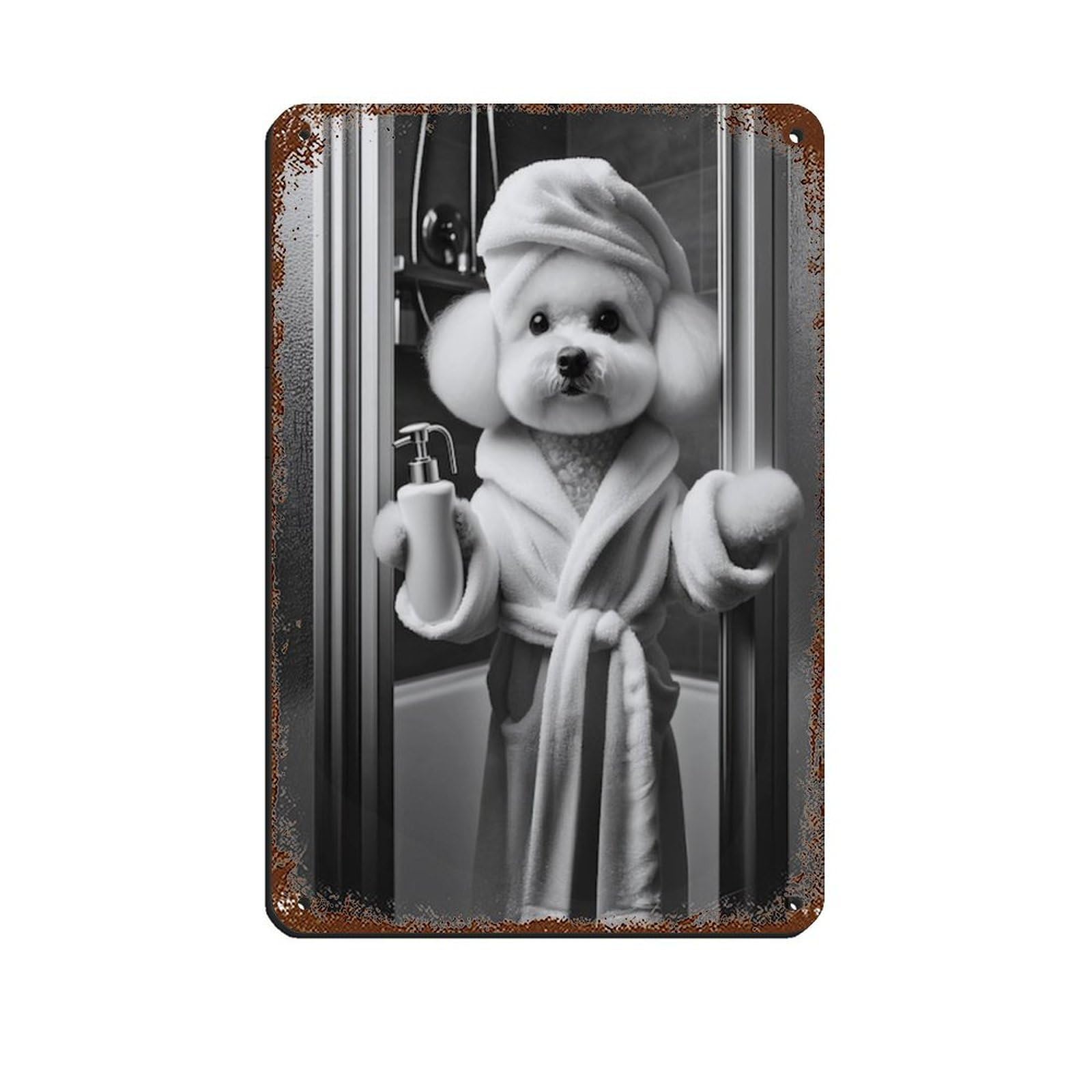 Lxwnze 20L X 30W Cm Bichon Frise Bathroom Art Poster Tin Sign Vintage Metal Pub Club Cafe Bar Home Wall Art Decoration Poster Retro 8X12inch(20X30cm)
