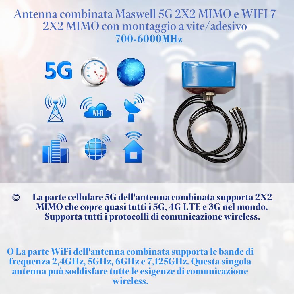 Maswell Antenna esterna 4-in-1 2X2 MIMO 5G + WiFi 7 2X2 MIMO, 700-6000 MHz basso guadagno 3dBi Non per gare di velocità, con WiFi 6E, Bluetooth, WiMAX e Zigbee, montaggio con vite e adesivo