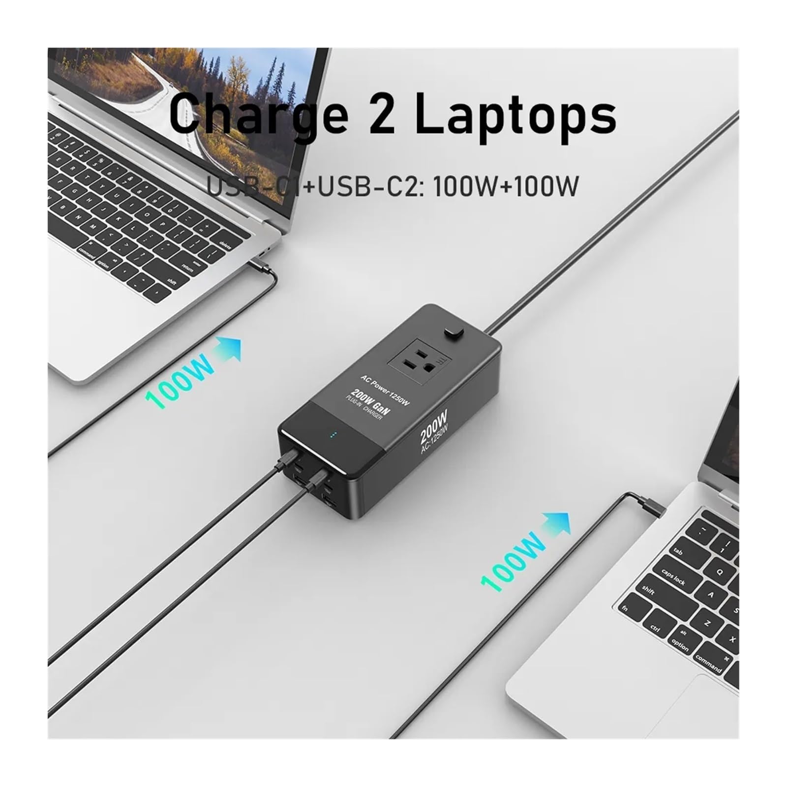 Ładowarka USB, Ładowarka biurkowa GaN3 200 W Listwa zasilająca Stacja szybkiego ładowania USB C o mocy 100 W dla smartfona