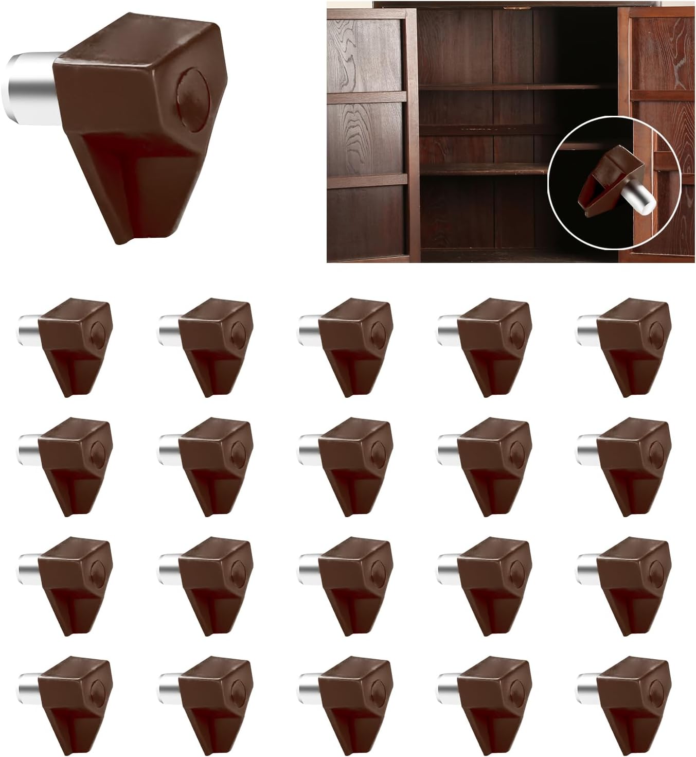 5mm Cabinet Shelf Pegs, 20pcs Shelf Support Pegs Pins Clips, Plastic Replacement Cabinet Shelf Brackets Shelf Holders Pegs for Shelves Kitchen Furniture Closet Bookcase, Brown