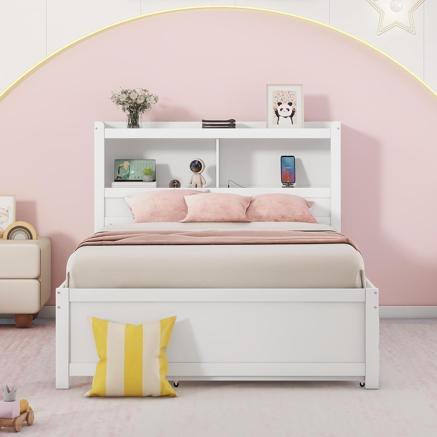 Harper & Bright Designs Full Size Bed with Bookcase Headboard, Wooden Full Size Platform Bed with Trundle and Storage Drawers,Full Storage Bed with USB Ports Outlets for Kids Girls Boys, White