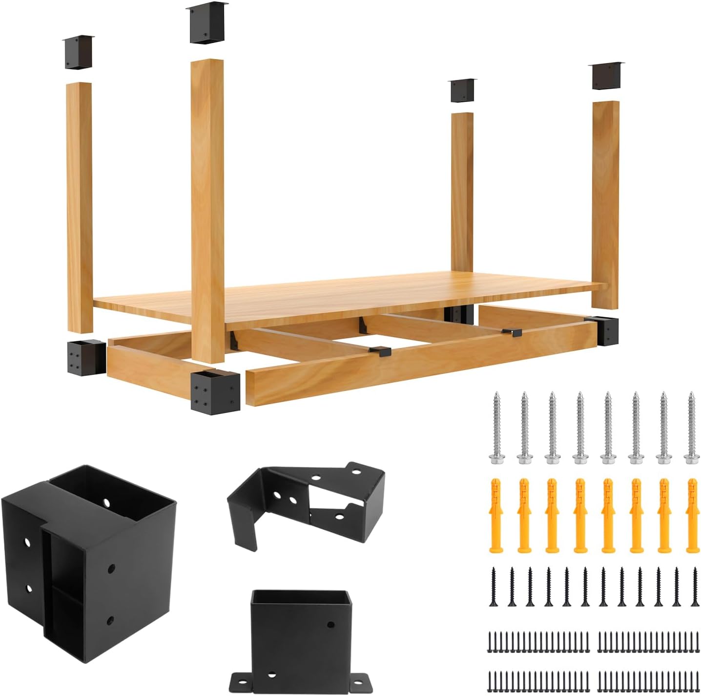 Heavy Duty Overhead Garage Storage Rack Kit for 2x4 Wood (Actual 1.5"x3.5") - DIY Ceiling Storage System, 500 lbs Capacity, Easy Install, Metal Brackets (No Lumber Included)