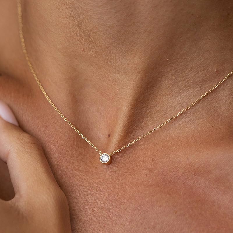 Galis Dainty Necklace - Gold Plated 18" Choker for Women with Dainty Small Round Faux Diamond Necklace Gold Pendant, Pendant Necklaces Women with CZ Solitaire Lobster Clasp, Minimalist Gift2
