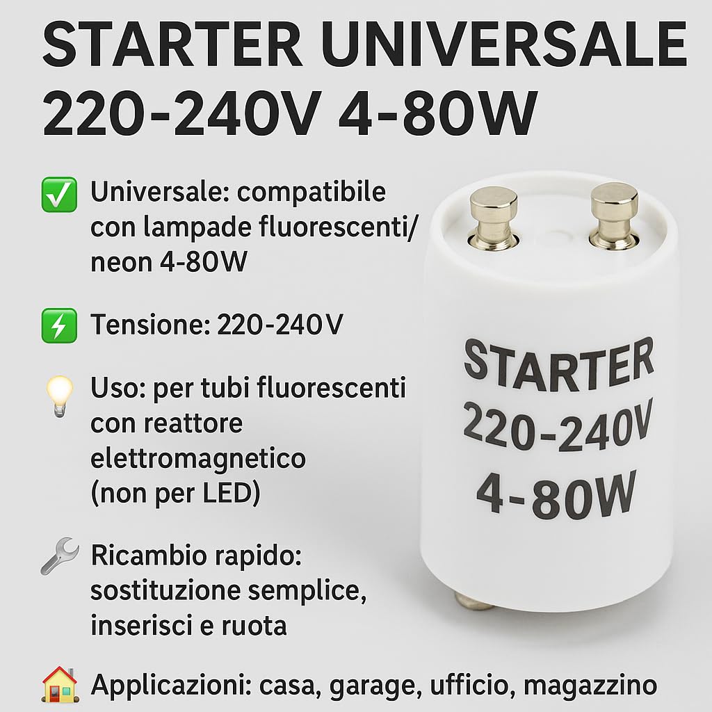 Arrancador universal para lámparas fluorescentes/neón 220-240 V 4-80 W – Encendido para tubos con reactor – Recambio