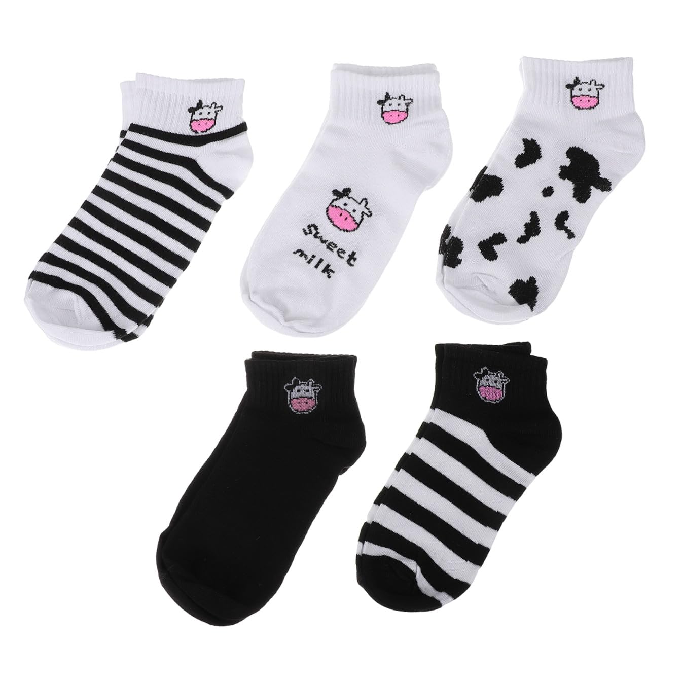 5 Pares Calcetines Cortos Mujer Algodón Estampado Vaca Diseño Divertido Transpirable para Estudiantes y Diario