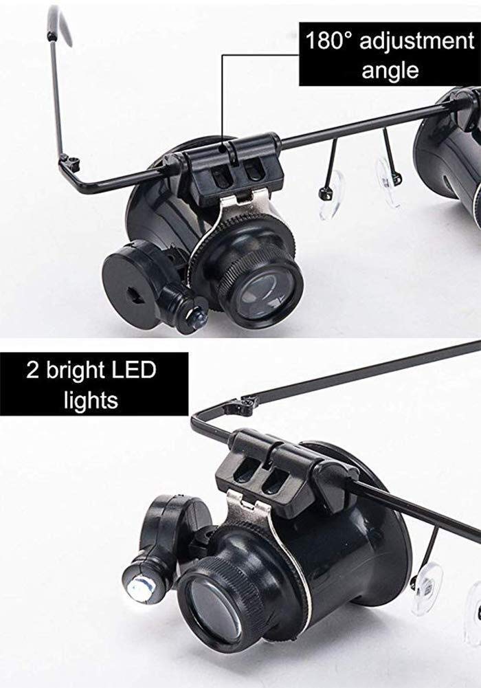 Lupa de Diadema 20X con 2 Luces LED, Lupa de Lectura Manos Libres montada en la Cabeza, joyero, Lupa de Reloj, reparación electrónica, Negro