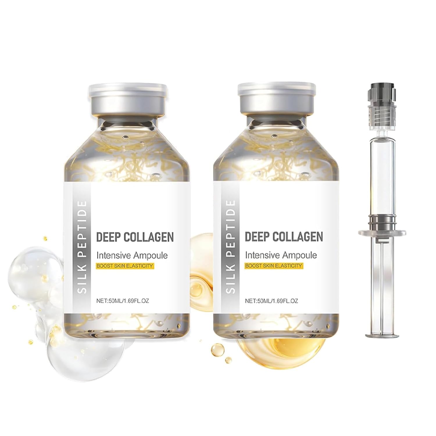 2PCS Deep Collagen Silk Peptide Lifting Ampoule Serum，Korean Anti-Aging Facial Essence, Firming Wrinkle-Smoothing Hydrating，Non-Greasy Gentle Formul 50ML/1.69FL.OZ