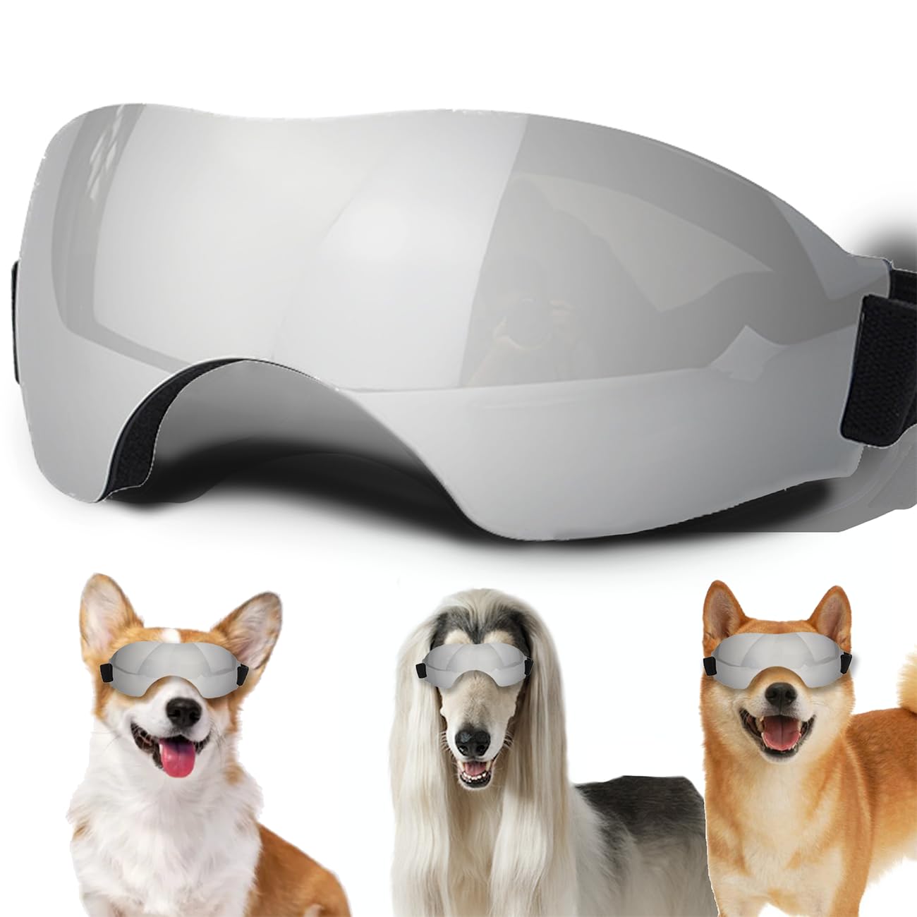 Winproof UV Protection Sunglasses for Medium Dogs - Adjustable Strap, Suitable for Dog Eyes Protection, Smooth style-Silver