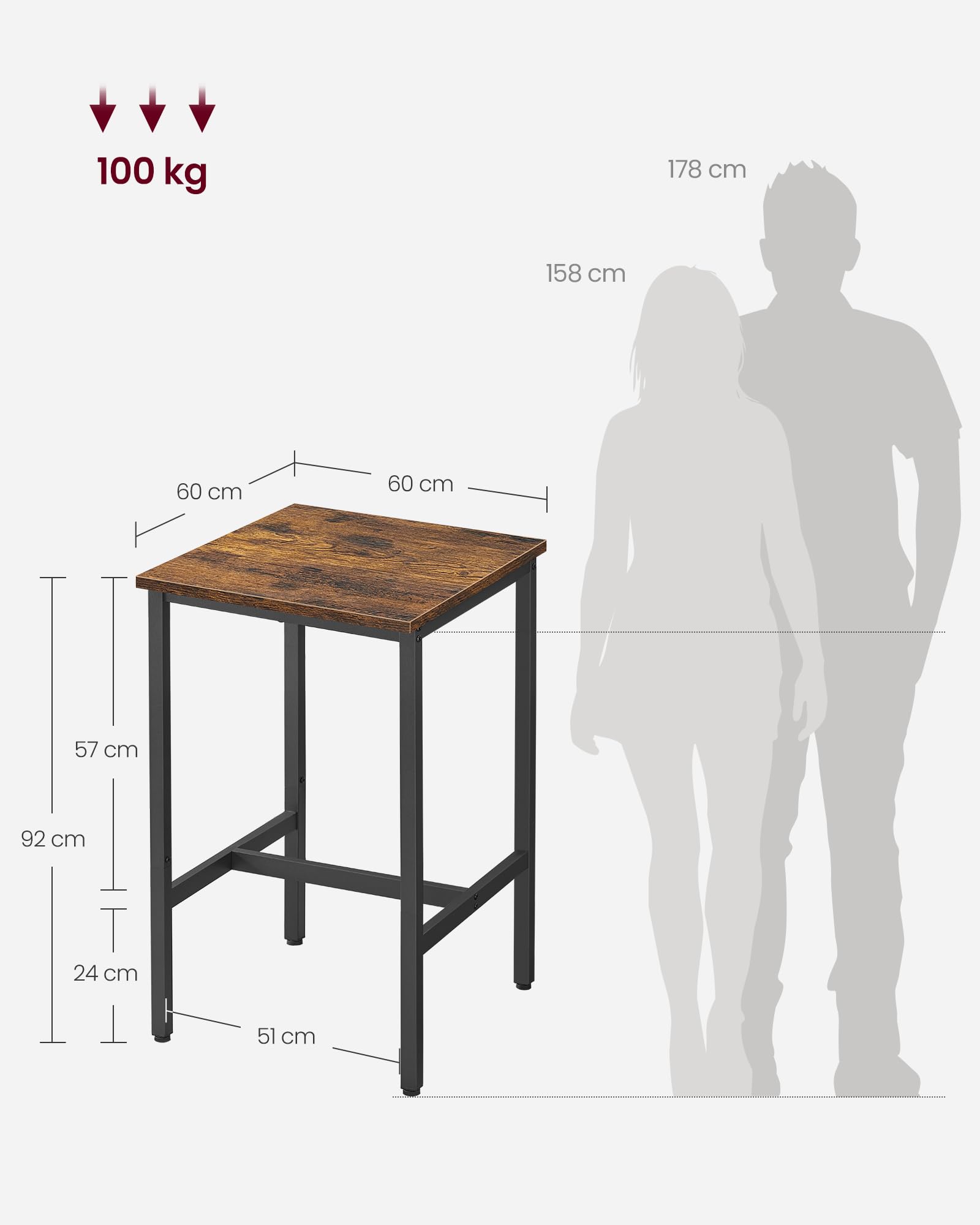 VASAGLE Tavolino da Bar, Tavolino Alto Quadrato per Colazione, Struttura in Acciaio, 60 x 60 x 92 cm, Montaggio Facile, per Cucina Soggiorno, Stile Industriale, Marrone Vintage e Nero LBT25X