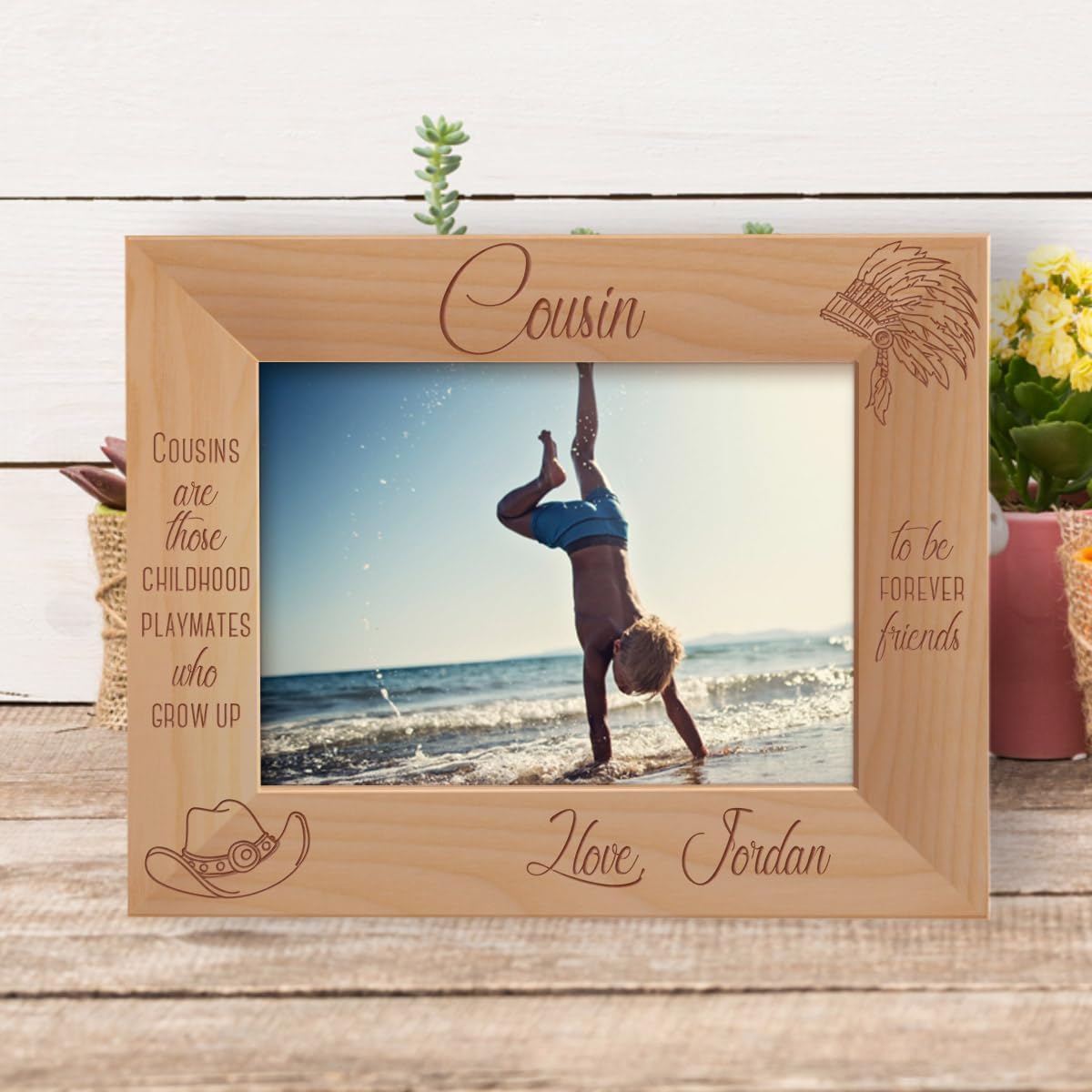 Cousins are Those Childhood Playmates Personalized Wooden Frame 8" x 10" Brown (Vertical)