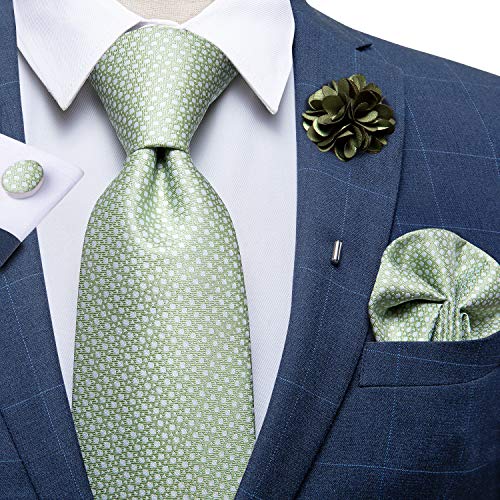 image for DiBanGu Men's Ties Set Silk Solid Sage Green Necktie and Pocket Square