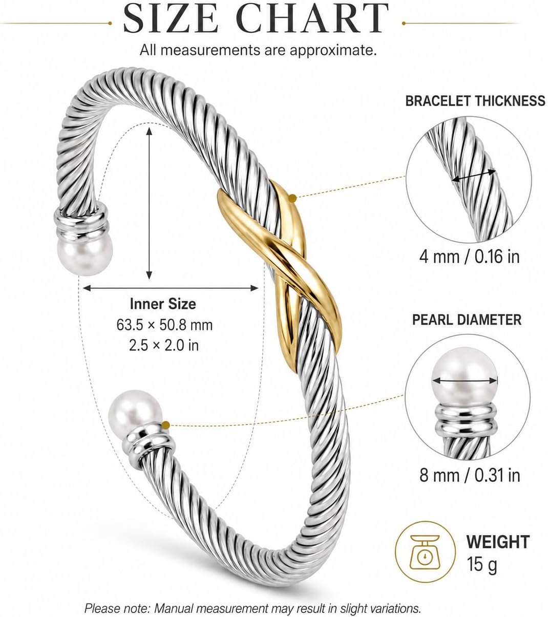 Twisted Cable Cuff Bracelet for Women, Stainless Steel Pearl Bangle