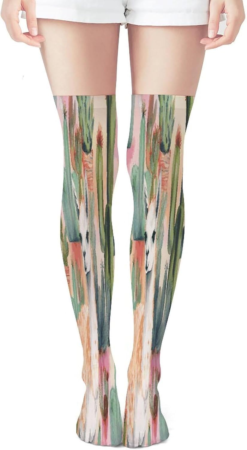 White Alpaca Watercolor Painting And Cactus Women High Waist Fishnet Stockings Stretch Mesh Pantyhose Sexy Trendy Legwear for Daily Wear