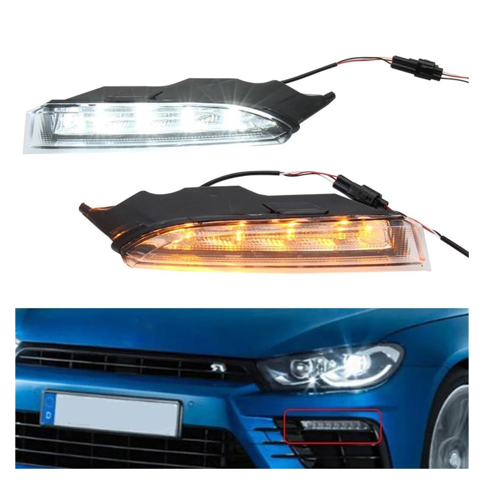 Genérico Para VW Para Scirocco R 2010-2013 Luz LED Conducción Diurna Coche Con Señal Giro DRL Amarilla Lámpara Antiniebla Exteriores Intermitente Indicador Lateral