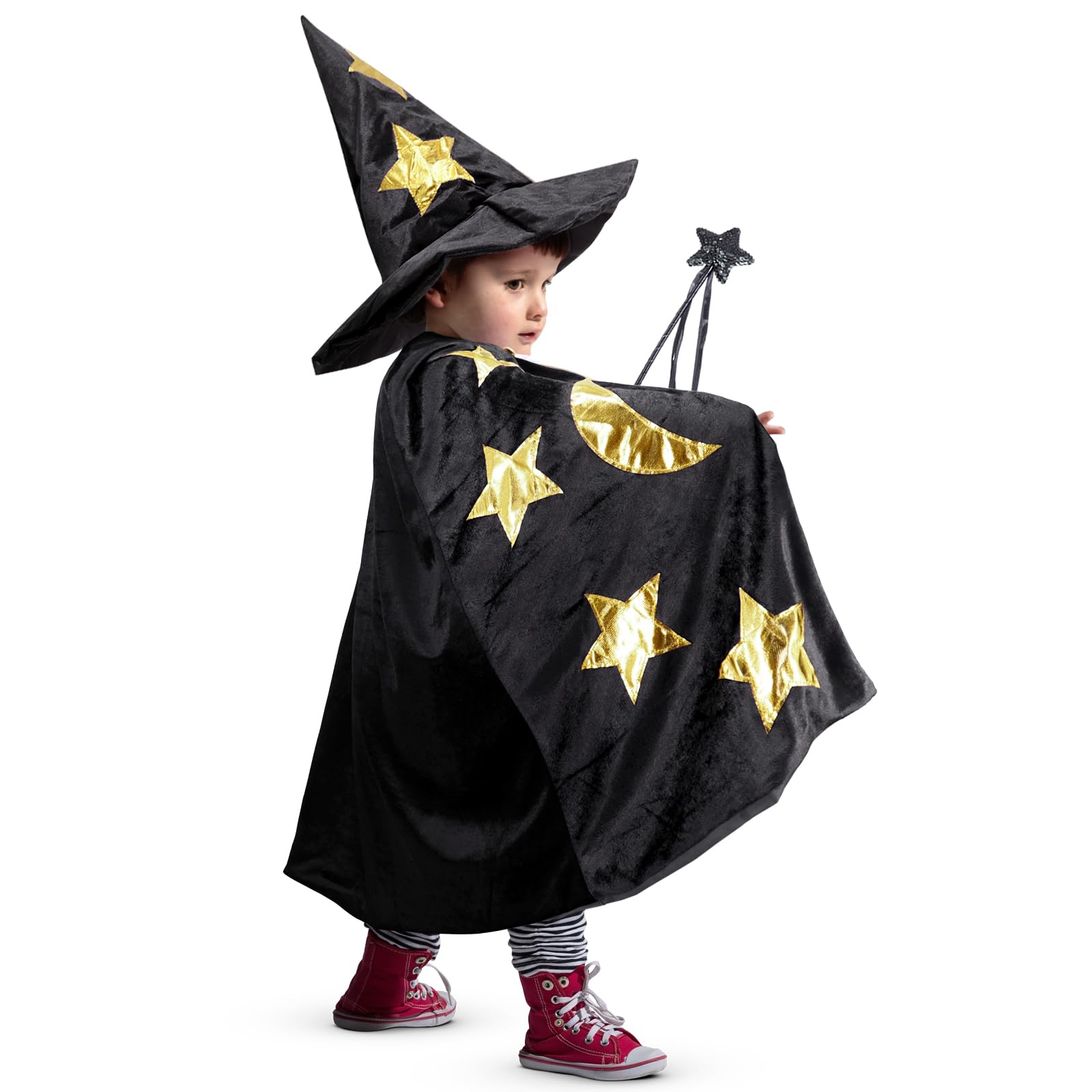 Kids Wizard Witch Cloak With Hat And Wand, Halloween Boys and Girls Cape Costume Props for Cosplay Party Fancy Dress