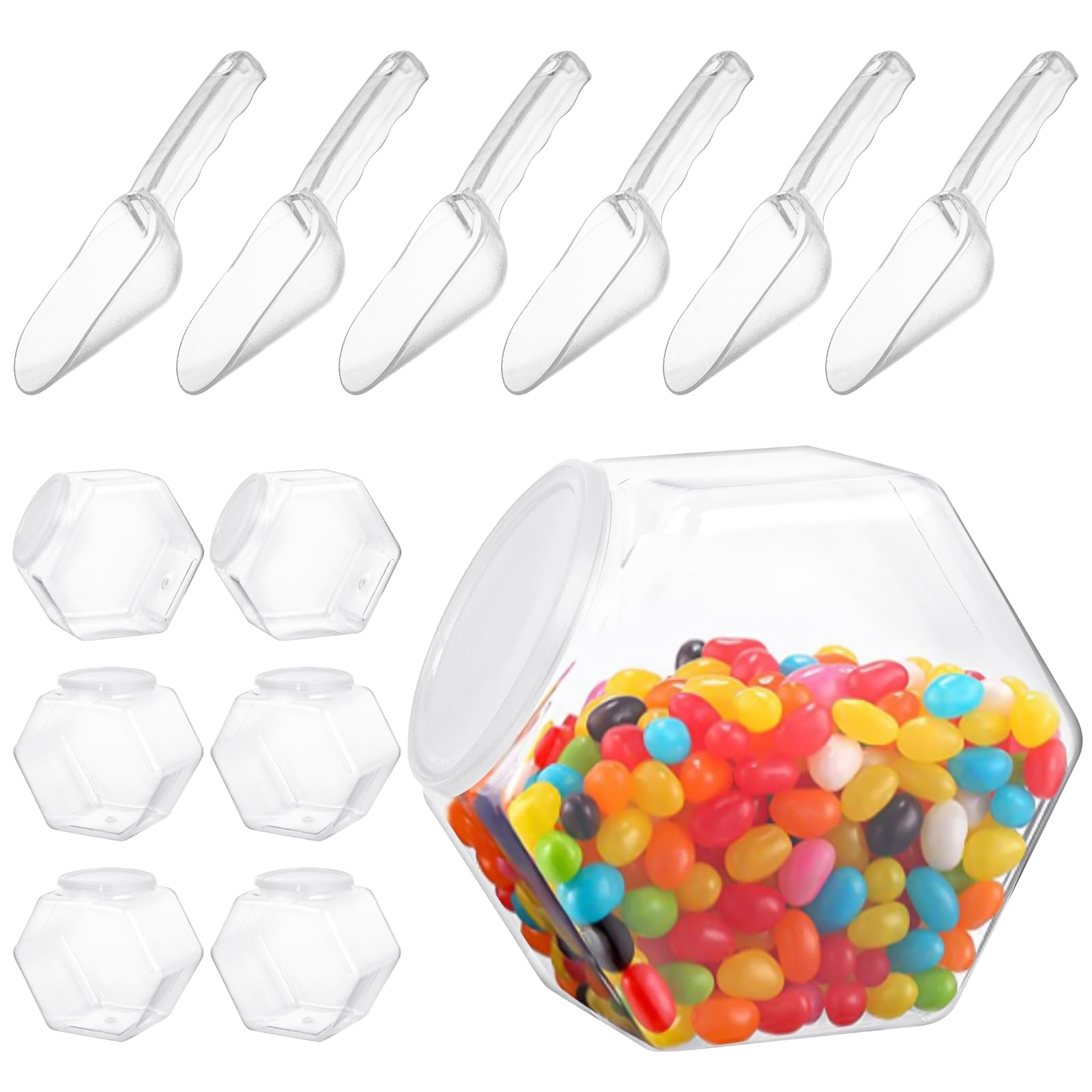 6 PCS Hexagon Plastic Jars with 6 Spoons, Clear Cookie Jars with Airtight Lids, Reusable Coffee Candy Display for Snacks, Cookie, Dog Treats, Coffee Pod (72oz)