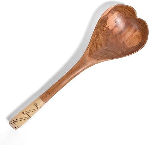 Cuchara en forma de corazón de madera de olivo silvestre tallada a mano de Kenia con mango de hueso en zigzag