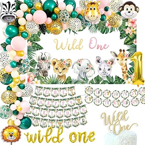 Decpty Wild One Birthday Decorations for Girl Safari Balloon Garland 1st Birthday Pink Tropical Palm Leaves Backdrop Wild One Photo Banner Garland Party Supplies Decorations for Girl Cover