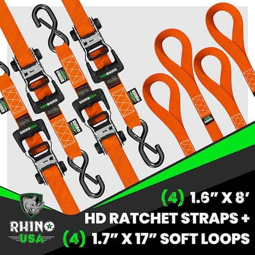 Rhino Usa Ratchet Straps Tie Down Kit, 5,208 Break Strength - Includes (4) Heavy Duty Rachet Tiedowns With Padded Handles & Coated Chromoly S Hooks + (4) Soft Loop Tie-Downs #TOP4