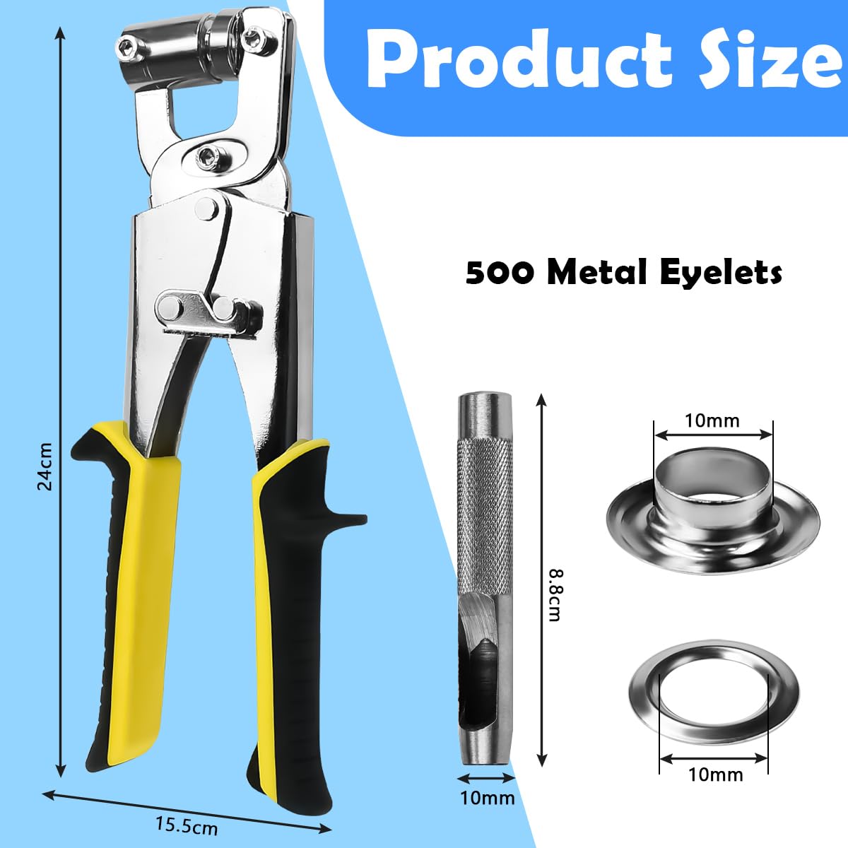 Remachadora Ojales, Remachadora Manual con 500 Ojetes Metálicos de Ø 10mm, Remachadora Manual Profesional, Remachadora Ojales Metalicos, Remachadora Textil para Cuero Tela Lonas PVC