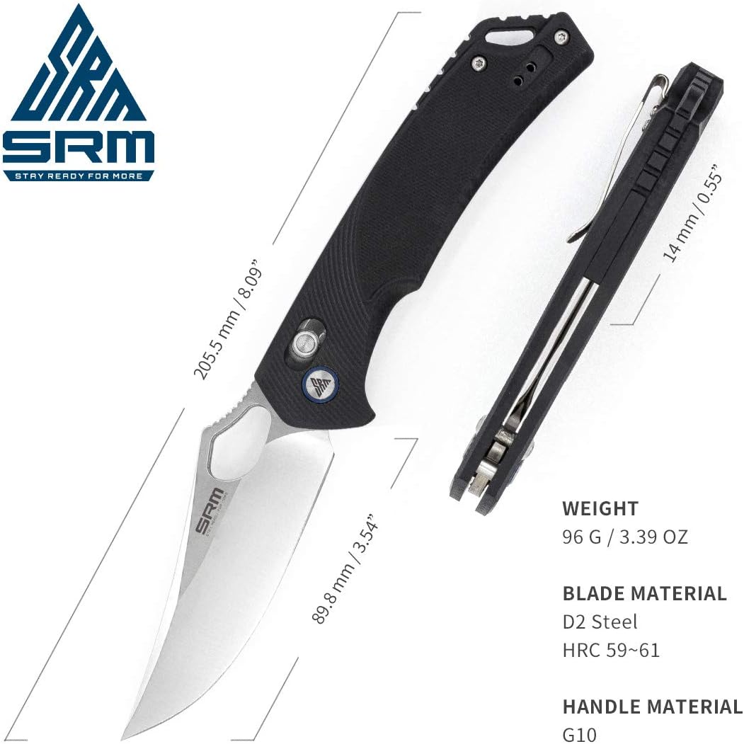 SRM Folding Pocket Knife, 2-Position Pocket Clip, Ambidextrous lock, D2 Steel Blade, Thumb Hole Opening, G10 Handle, Cool Knives for Outdoor Survival Camping EDC(9202)…