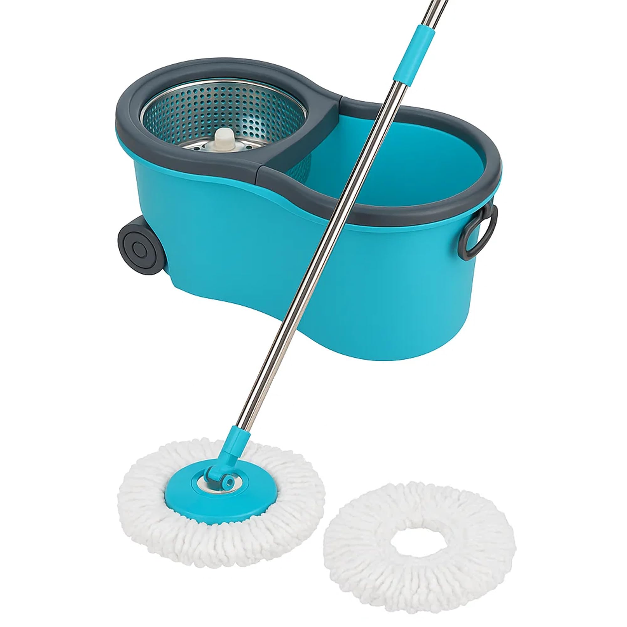 360° Spin Mop Bucket with Stainless Steel Wringer, Durable Plastic Basket, Easy Floor Cleaning System with 2 Microfiber Refills (Assorted Colors) – Pack of 1